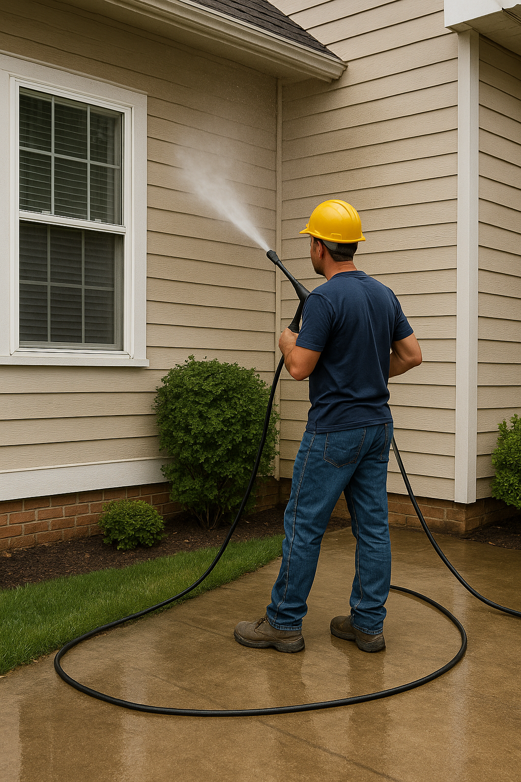 Pressure washing a house siding to remove grime