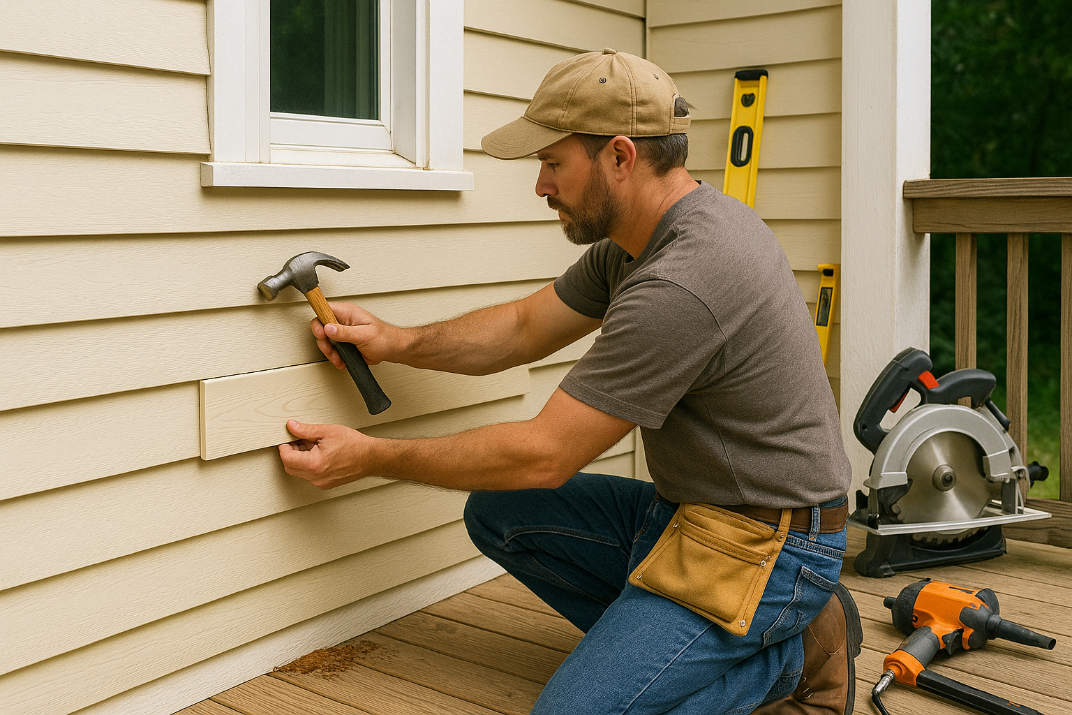 Carpenter repairing wood rot on a house exterior